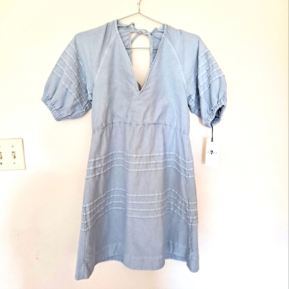 7 For All Mankind Light Wash Denim Back Tie Puff Sleeve Babydoll Mini-Dress - Picture 2 of 10